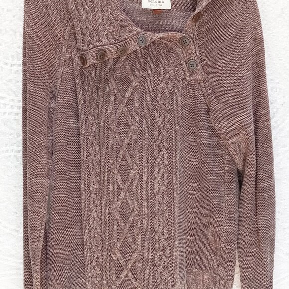 Brown Sonoma Fisherman Style Cable Knit Half Button Wide Fold Collar  LG (T-387) - Picture 3 of 11